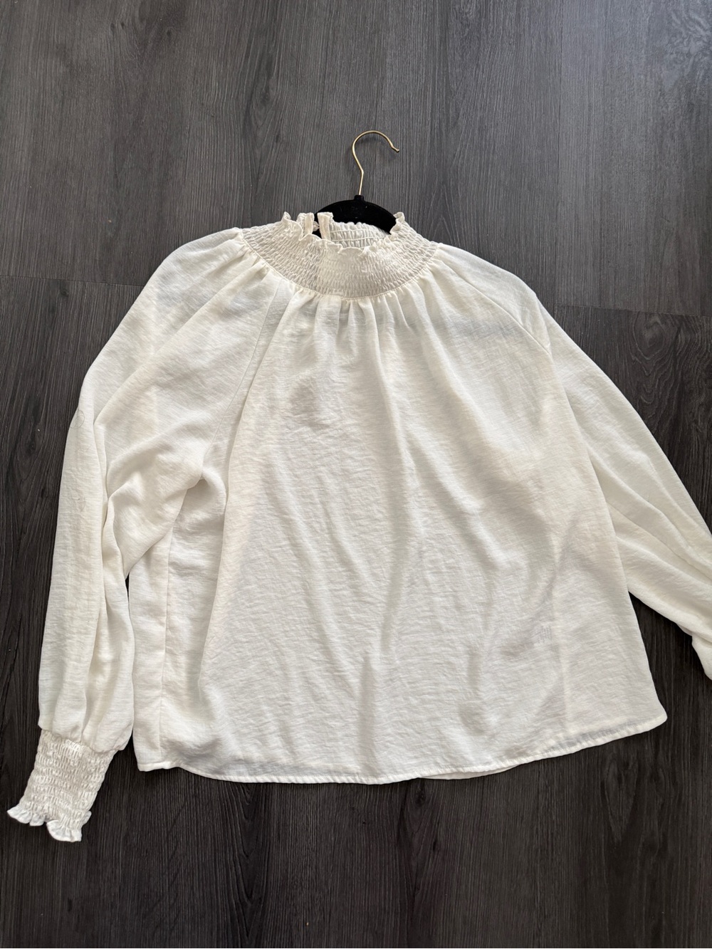 Nine West White Smocked Neck Long Sleeve Blouse